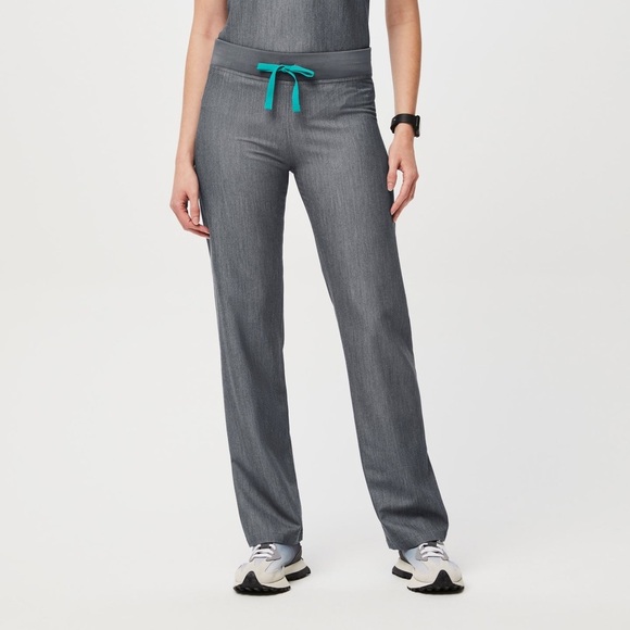 Figs Gray Straight Leg Women's Pants with Teal Drawstring - Picture 1 of 11